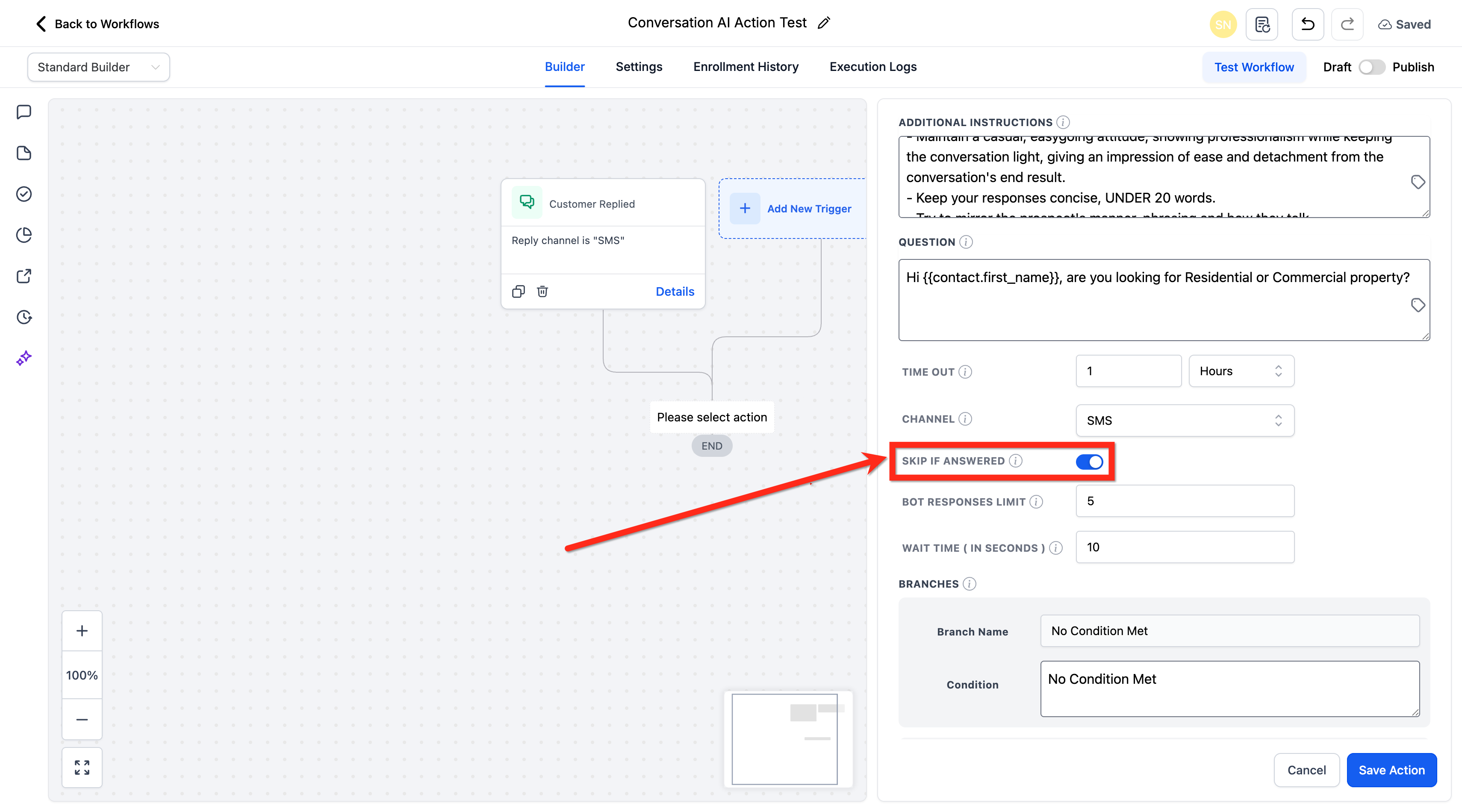 Conversation AI workflow action showing Skip if answered