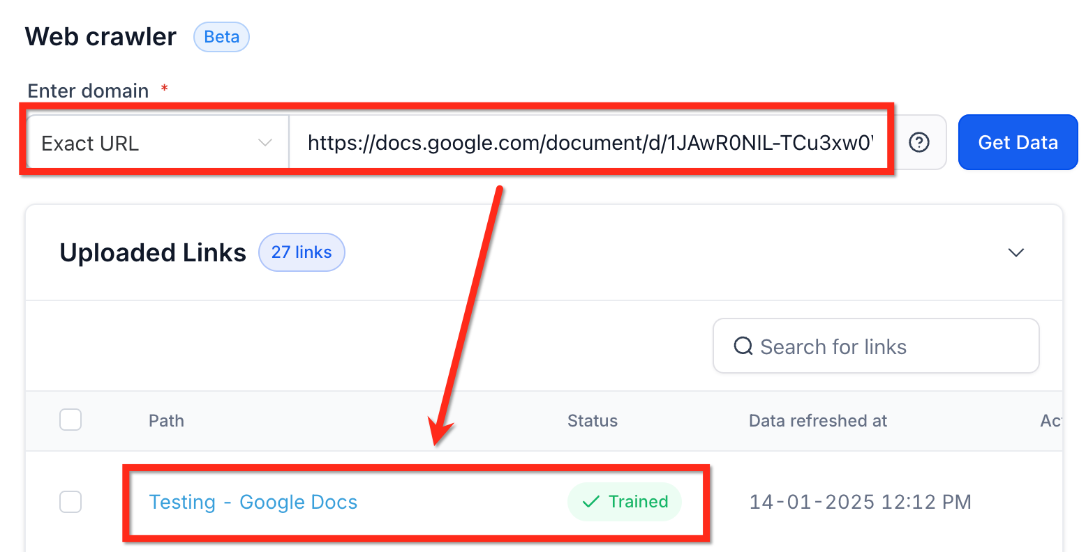Public Google Doc added through the Web Crawler with a Trained status.