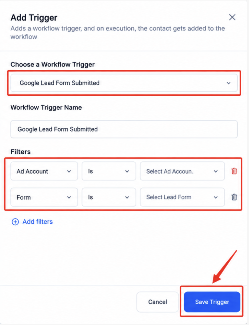 Workflow Builder showing the Google Lead Form Submitted trigger