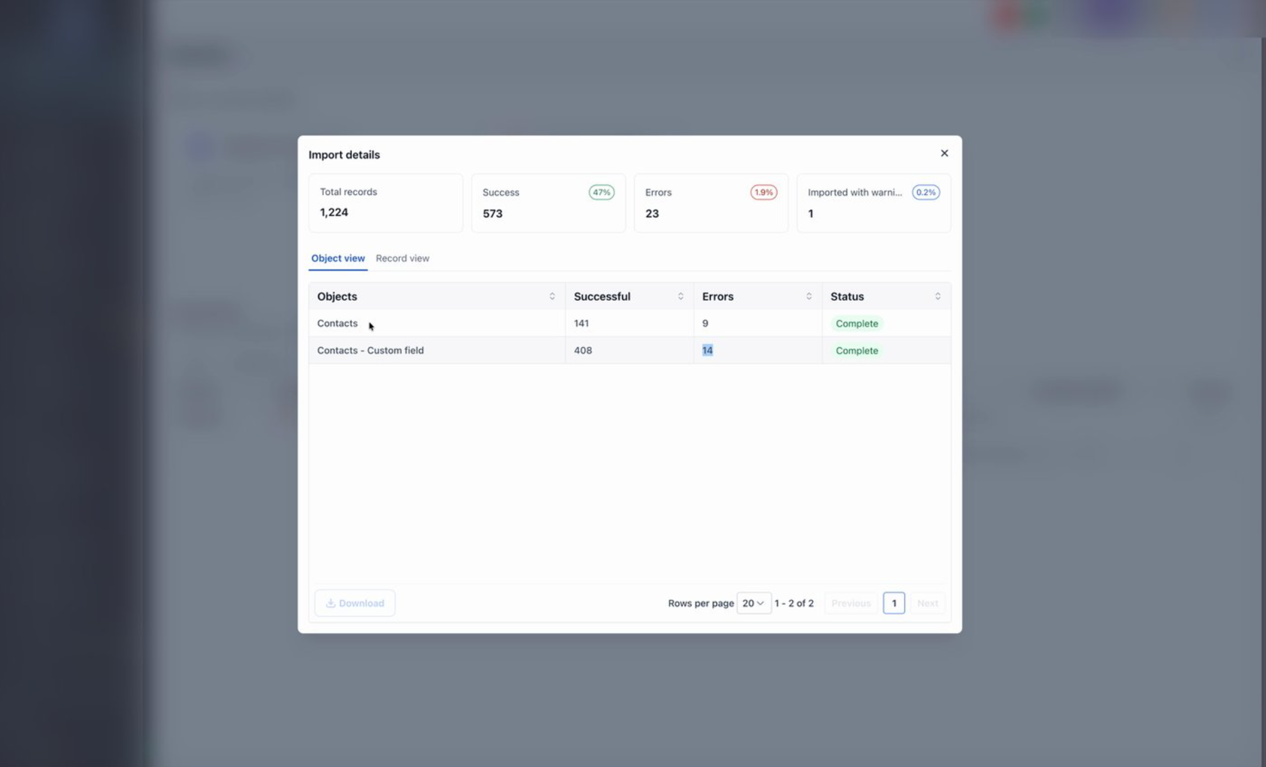 The Import details modal in Object view, showing total records, success, errors, and imported-with-warnings counts plus a per-object summary table.