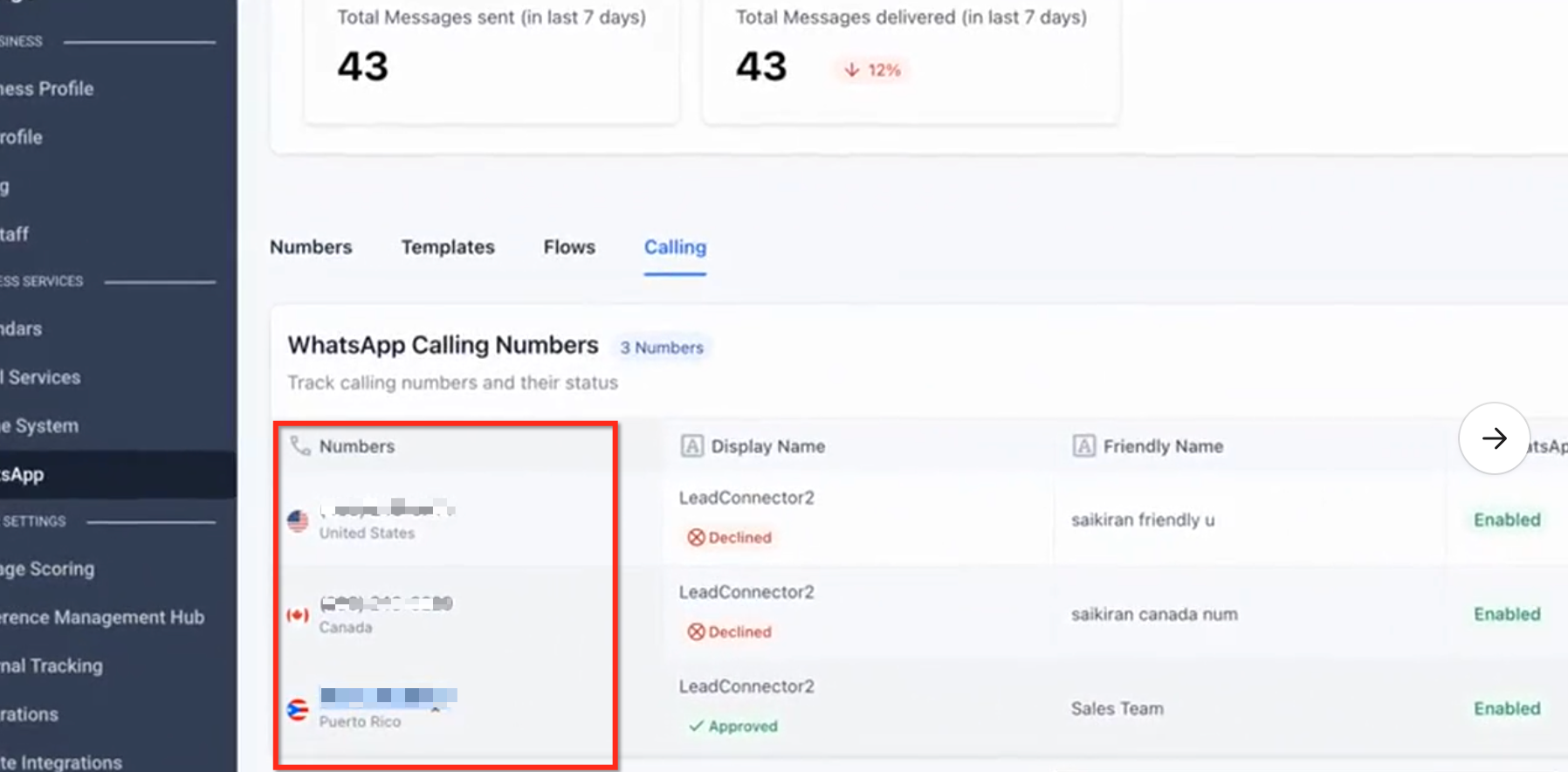 Selecting the WhatsApp phone number to configure