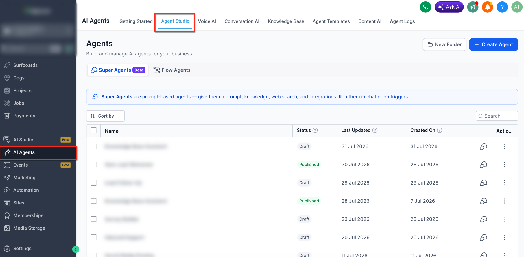 Agent Studio in the Sub-Account view