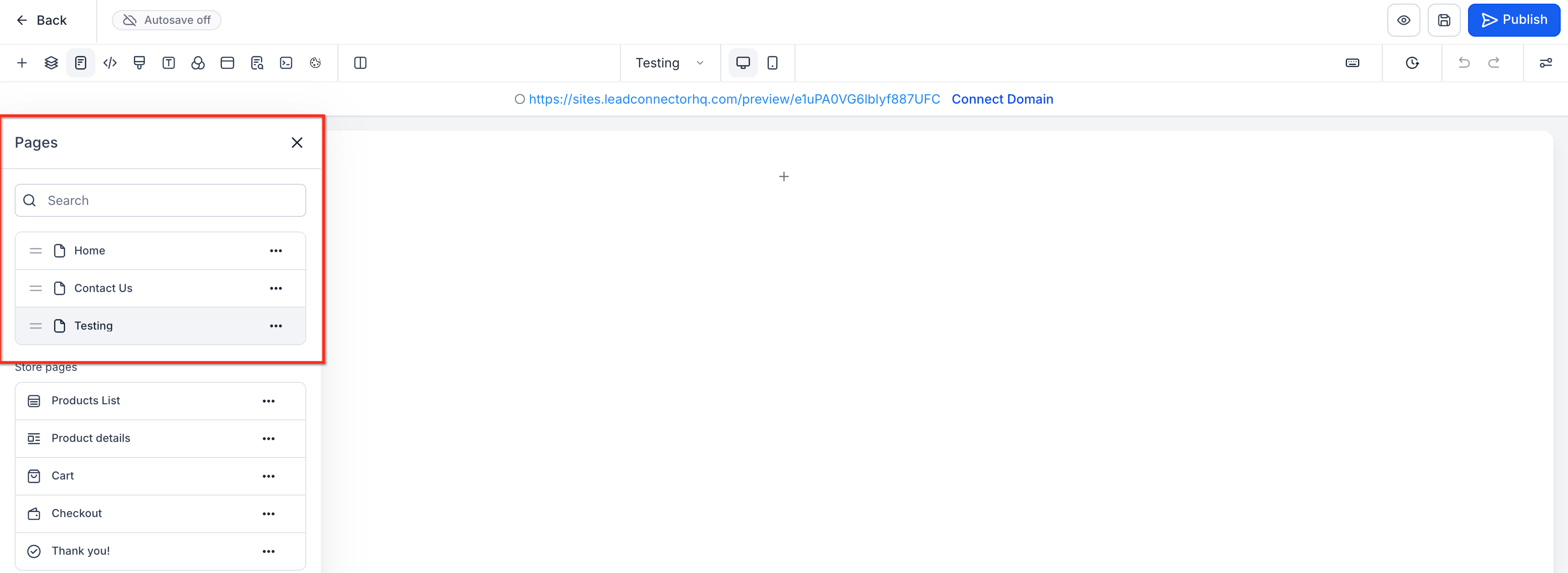 Page selector popover in the Page Builder