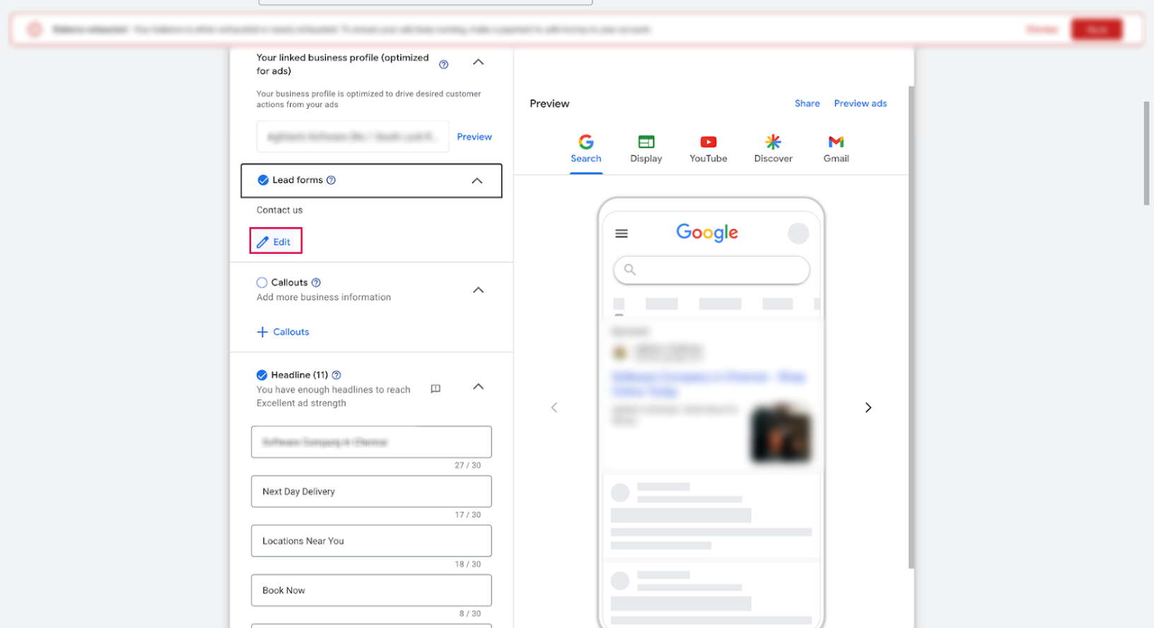 Google Ads lead form showing the Send Data testing option