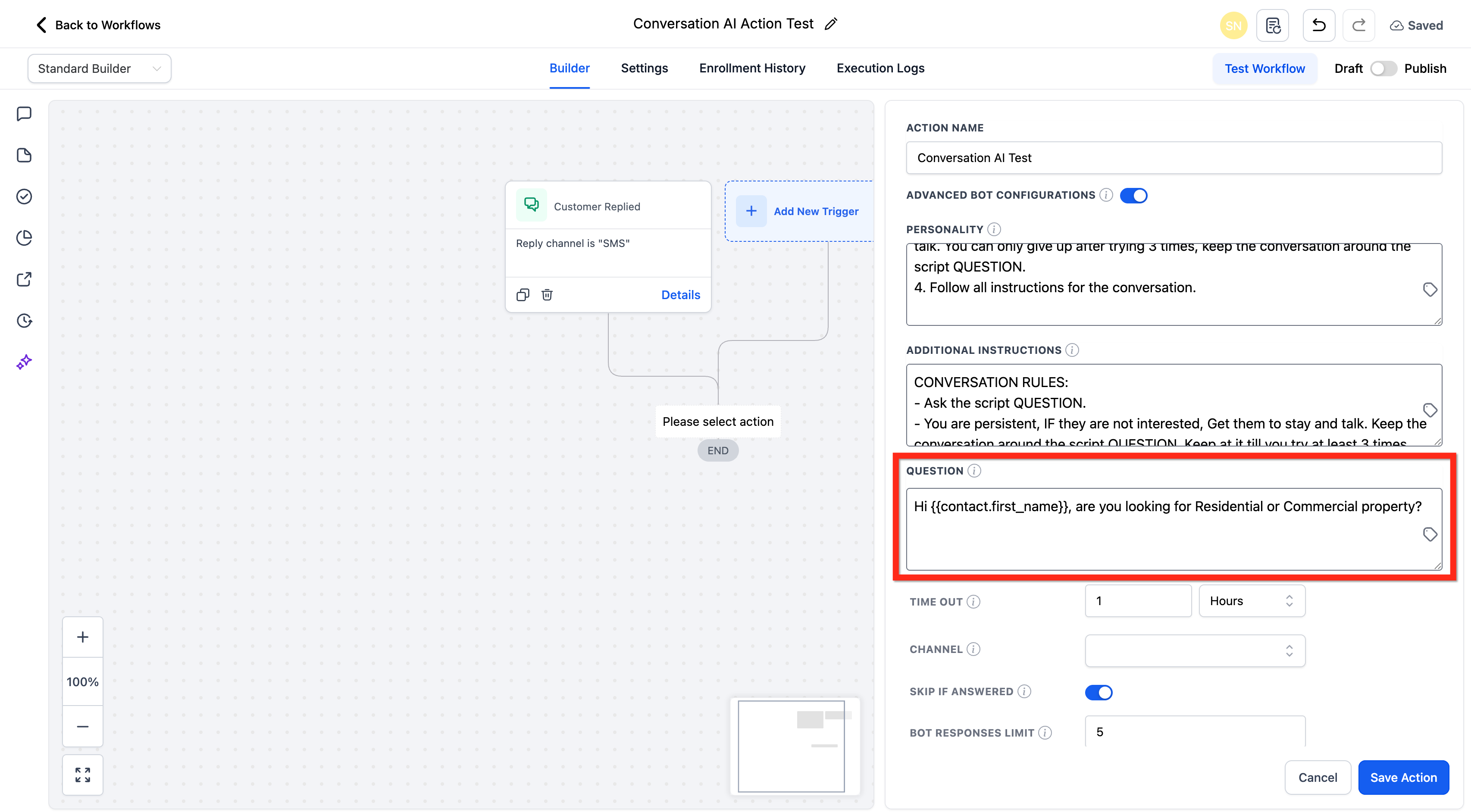 Conversation AI Question field with custom value controls