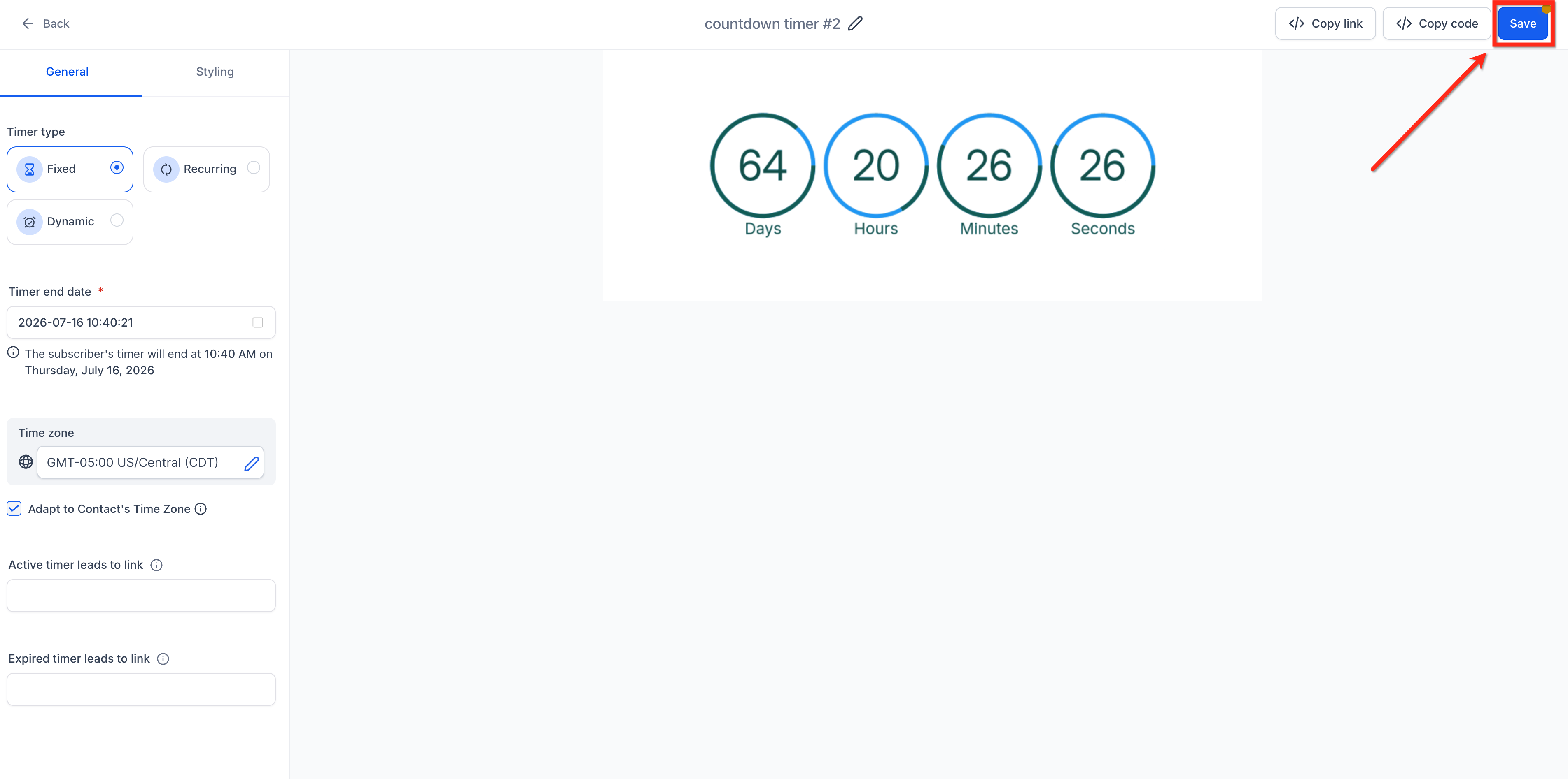 Saved countdown timer with timezone adaptation enabled