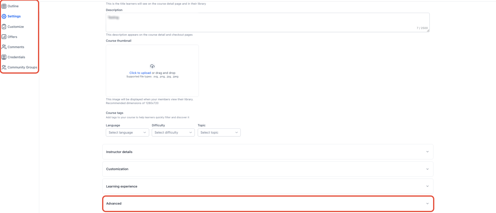Advanced Course Pricing settings showing course access and coupon controls