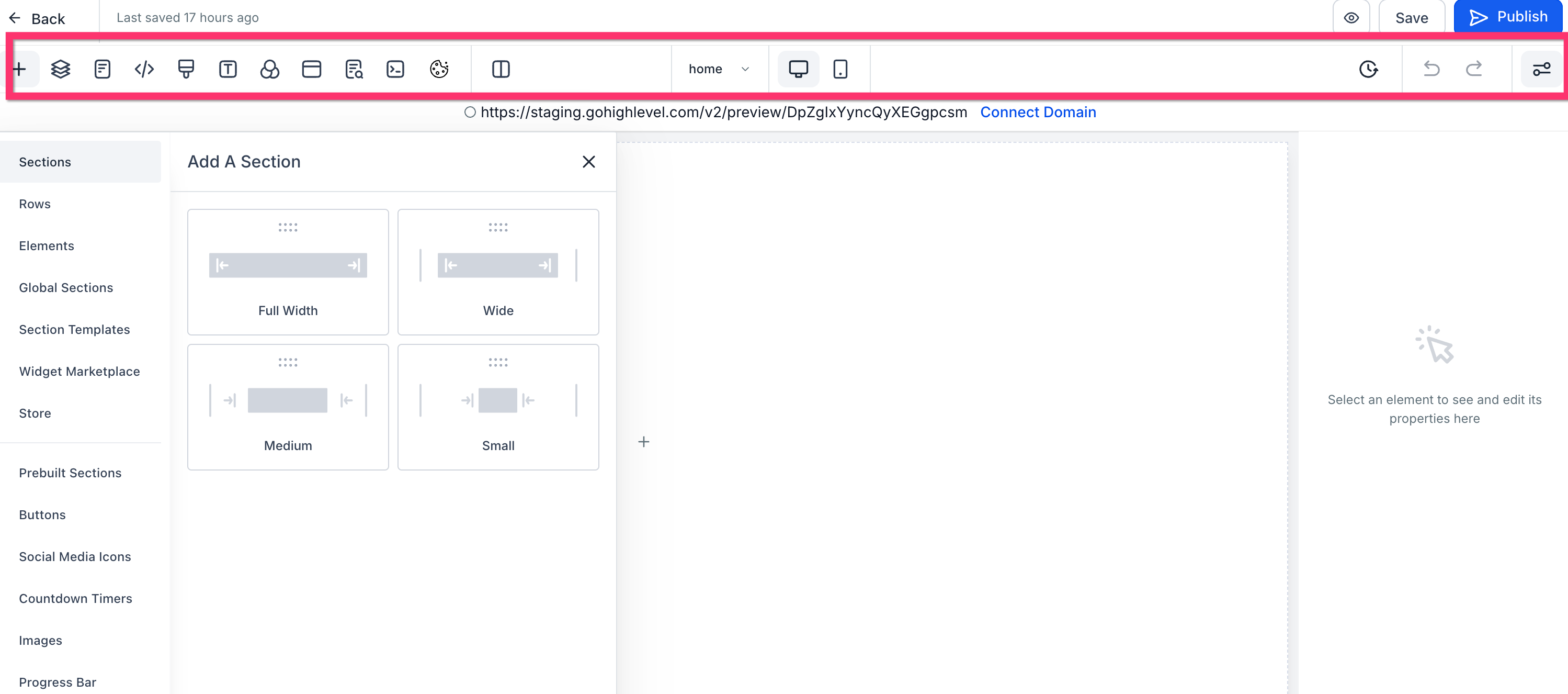 Website Builder showing the main editing controls