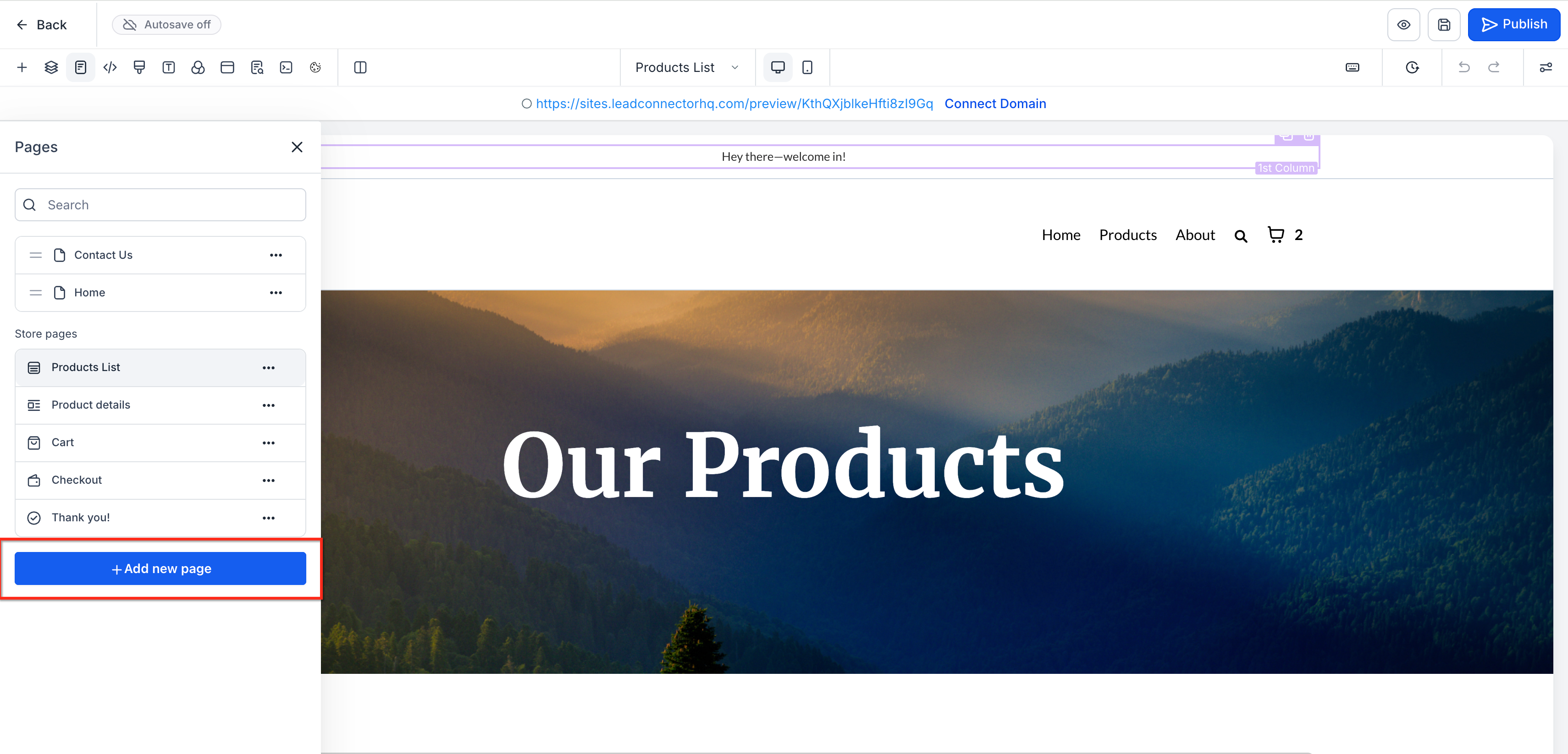 Add New Page option in the Pages drawer