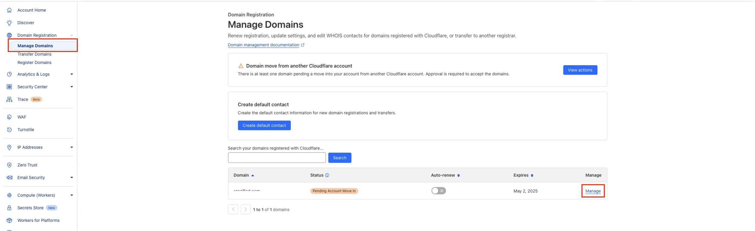 Cloudflare Domain Registration Manage Domains page showing a pending account move