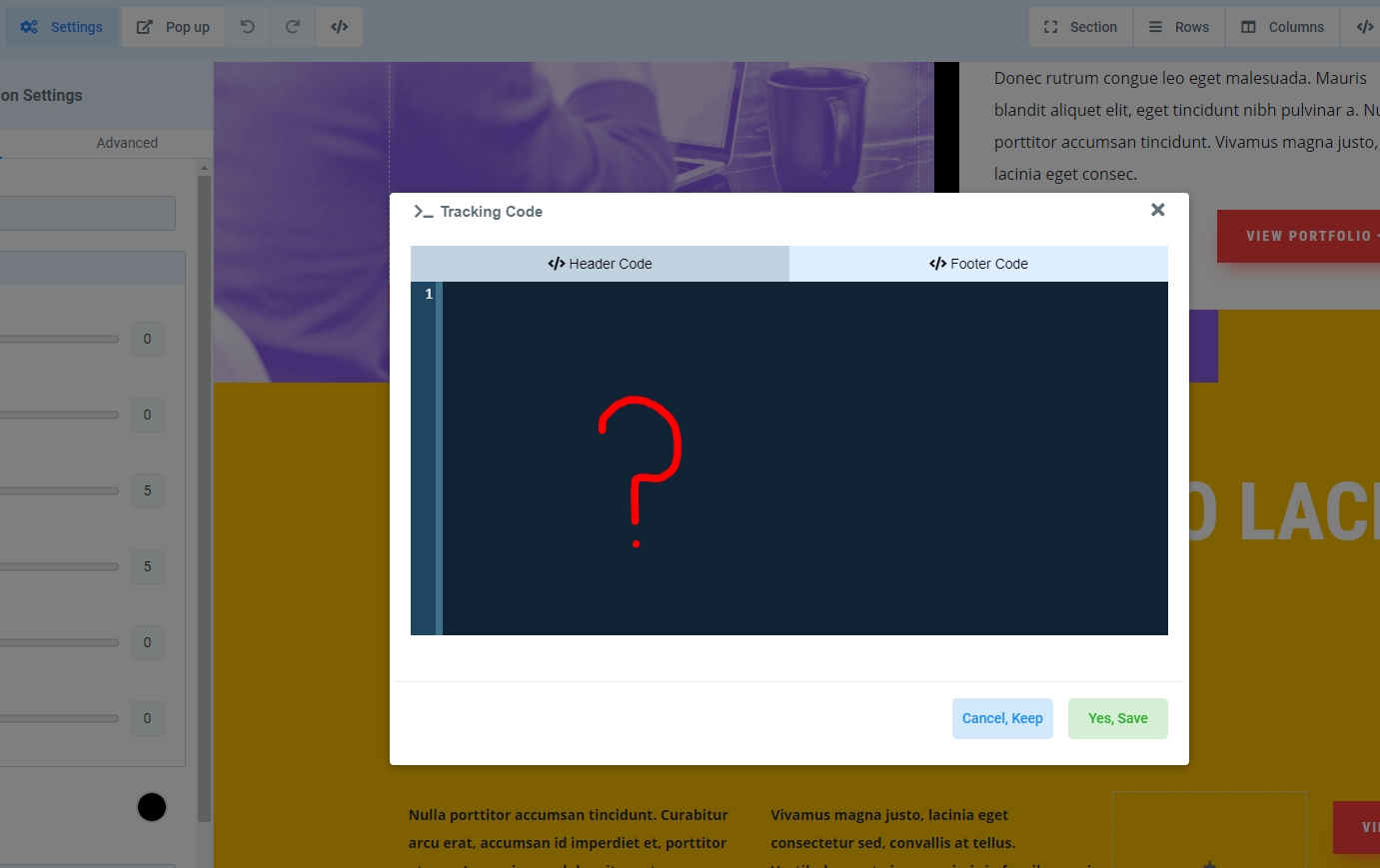 Copied page showing an empty page-level Tracking Code editor