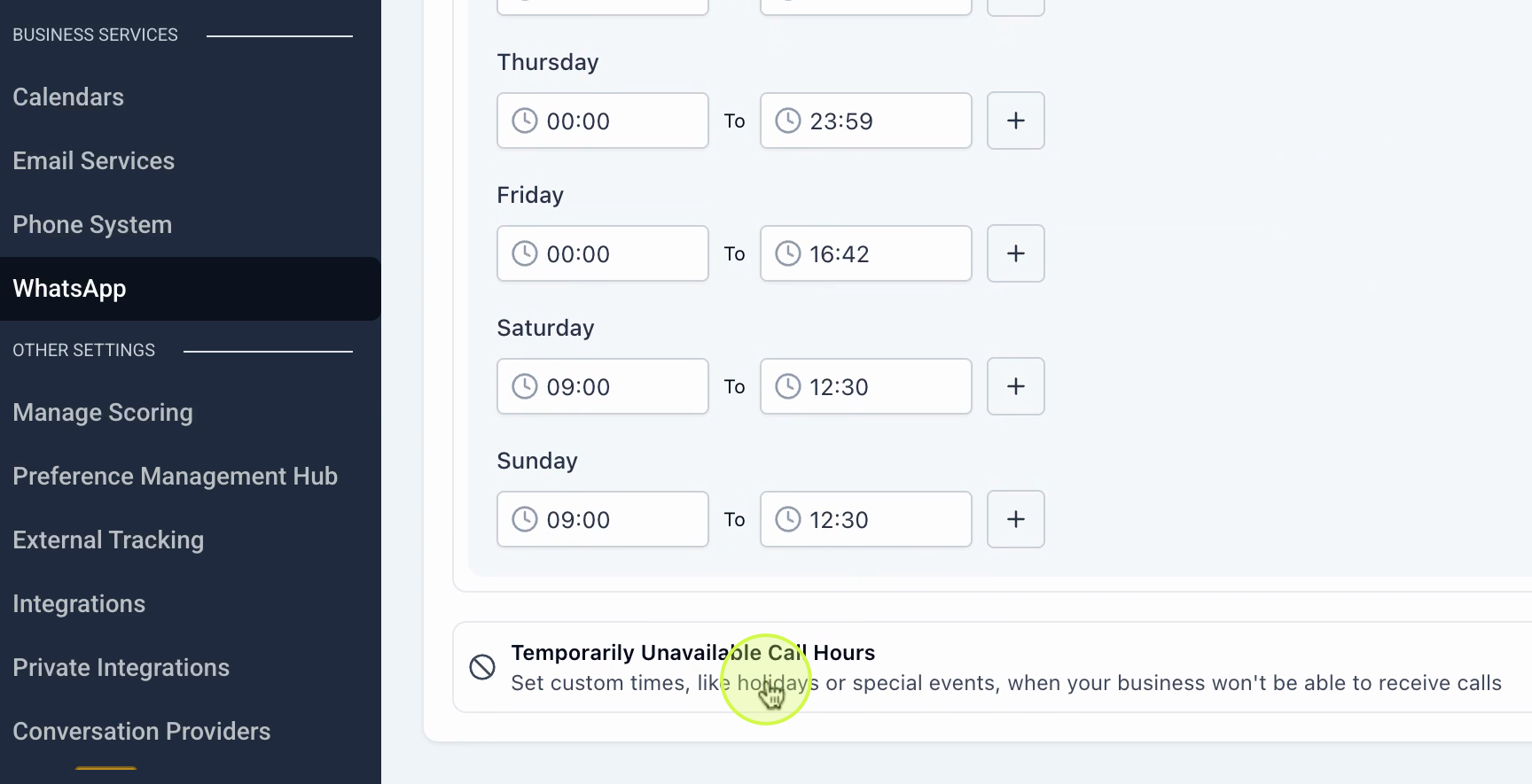 Configuring available hours and temporarily unavailable hours