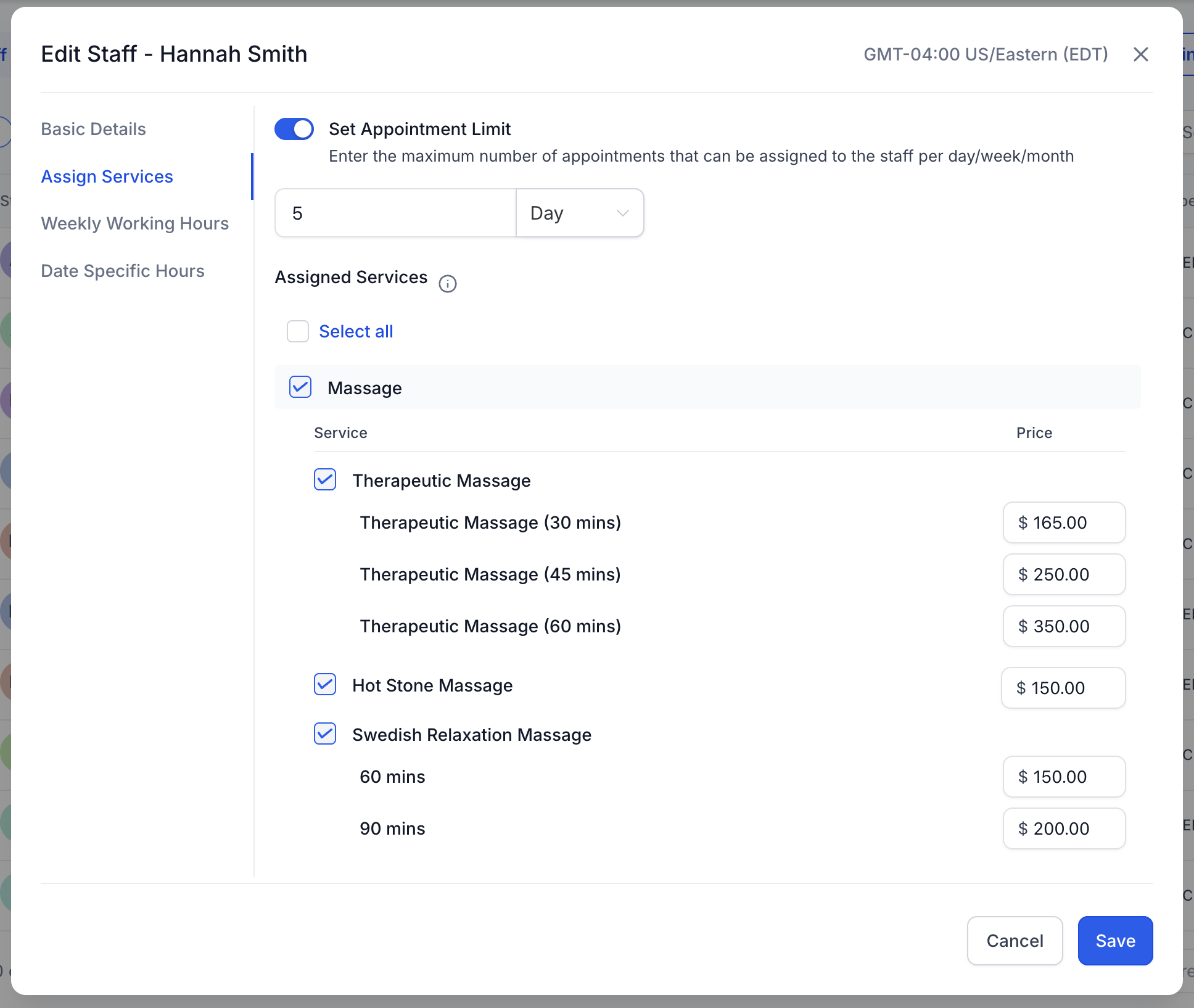 Assign Services tab for a staff member