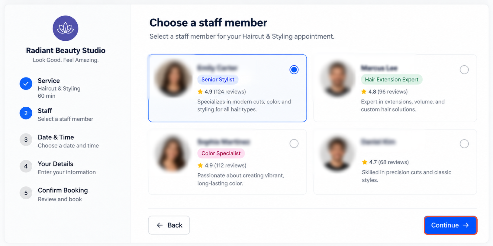 Customer booking page showing a staff role badge
