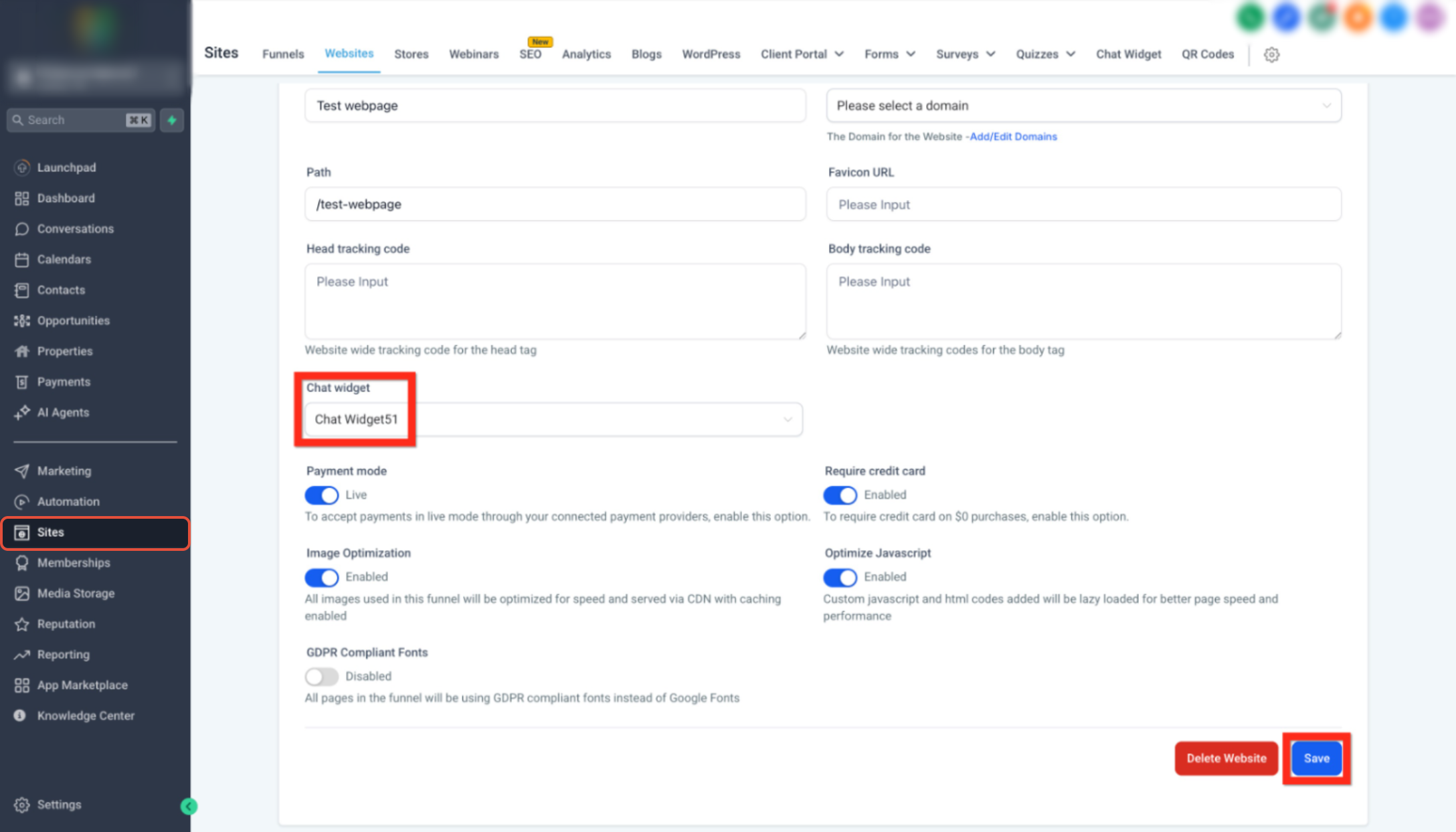 Website or funnel settings showing the Save control