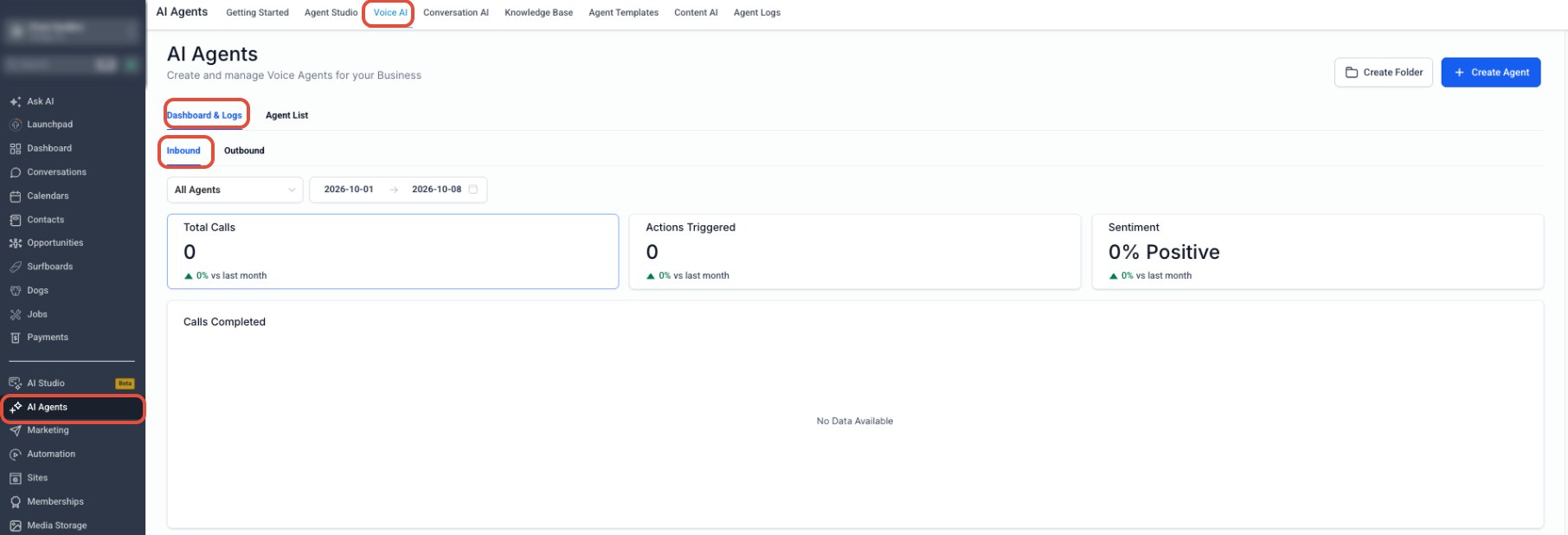 AI Agents navigation showing the Voice AI and Agent List options