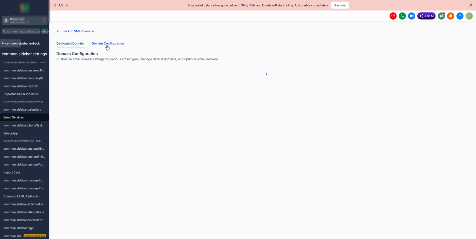 Domain Configurator menu with the affected domain selected