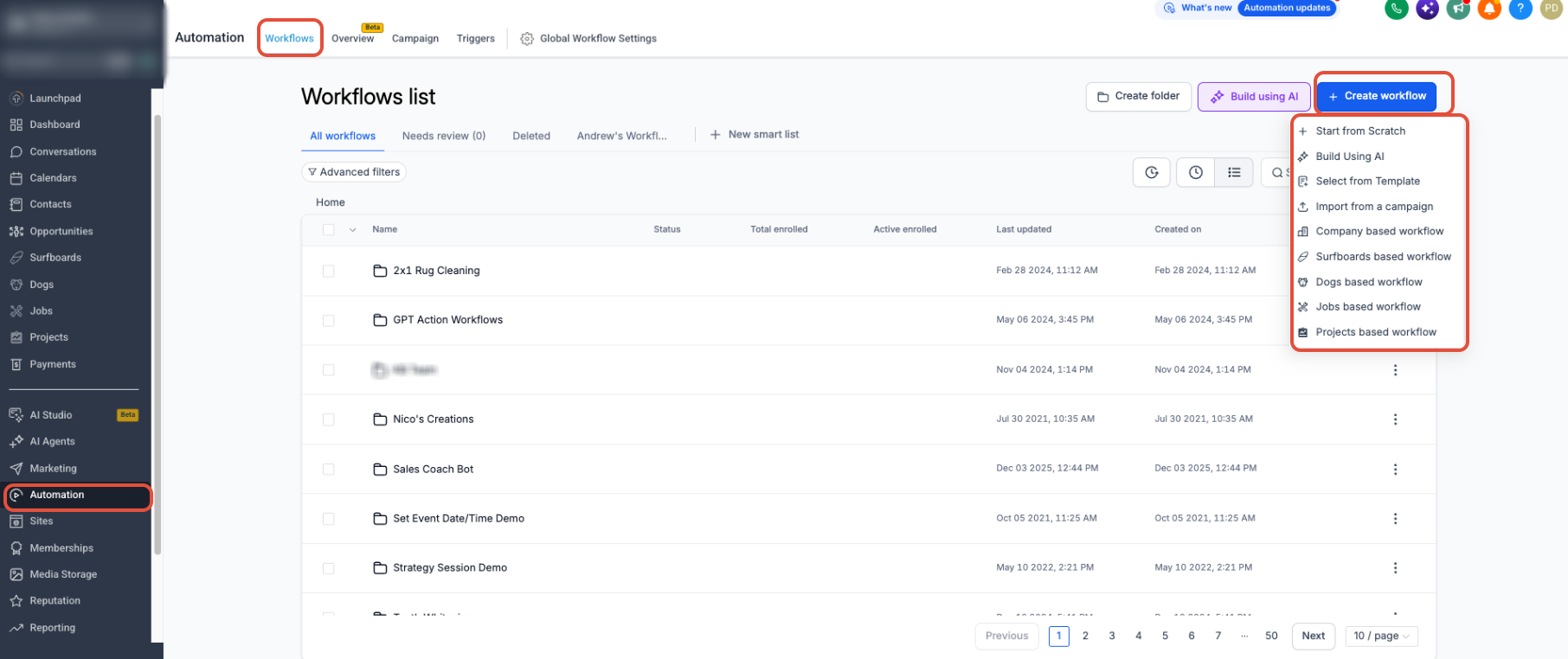 Workflows page showing the Create workflow menu and Start from Scratch option
