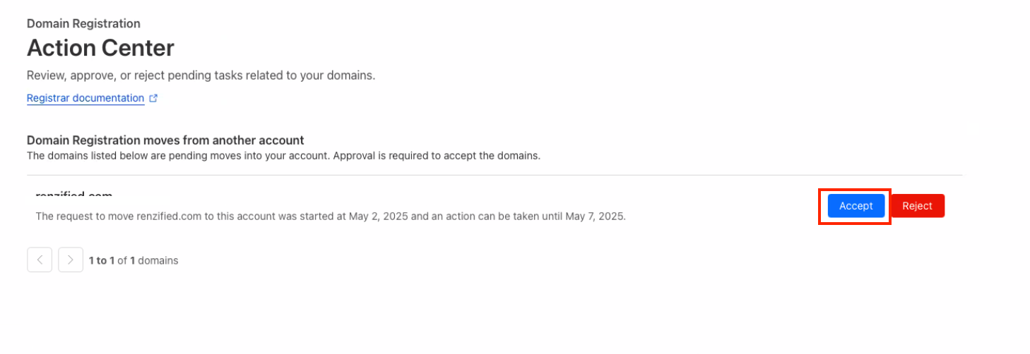 Cloudflare Action Center showing the Accept button for a pending domain account move