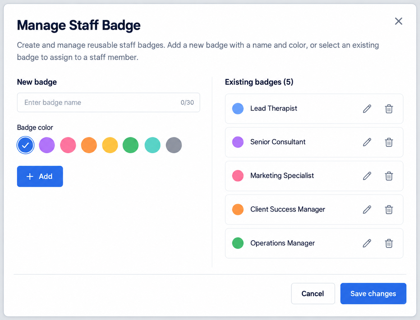 Staff badge dropdown showing available badges and the Manage option