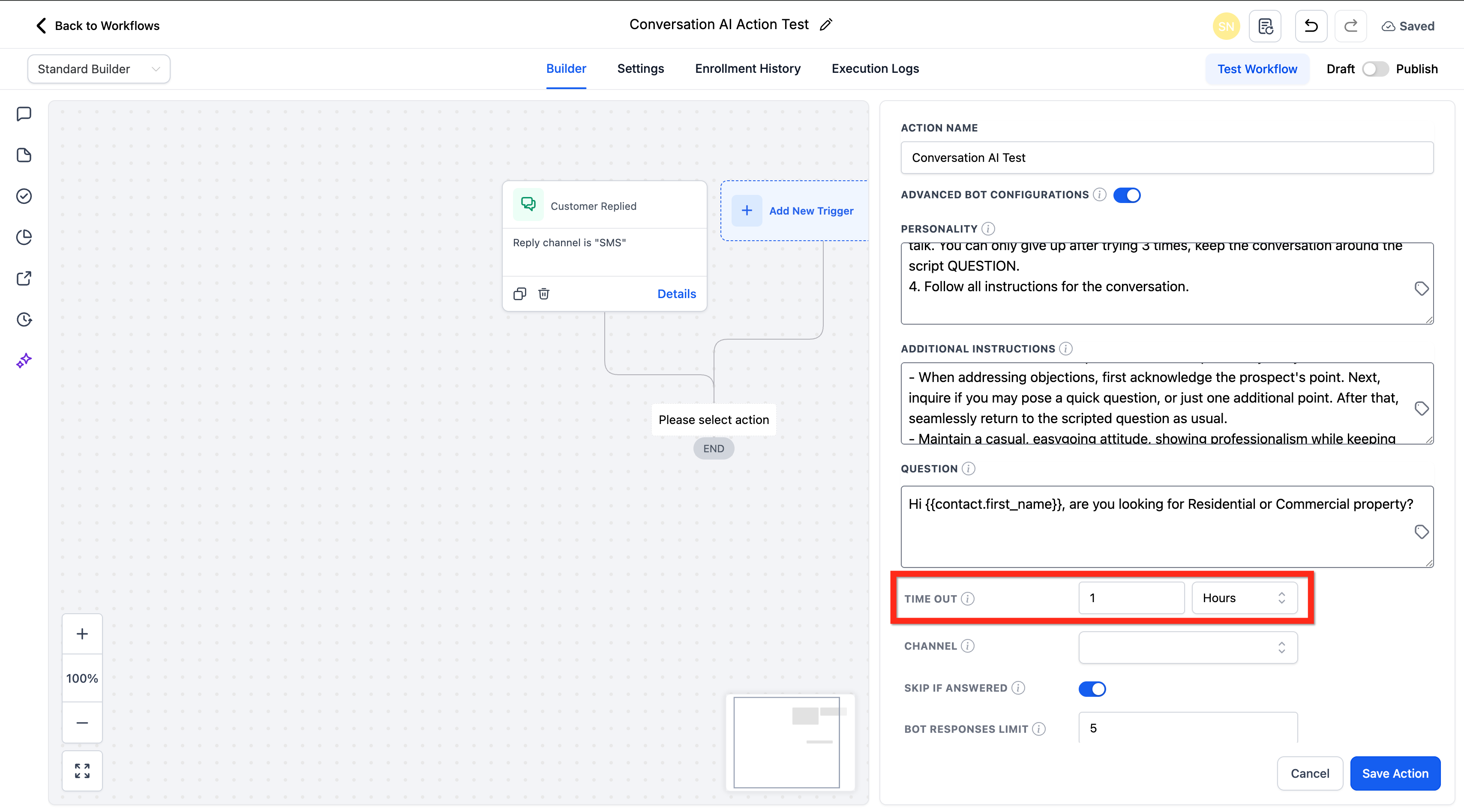Conversation AI workflow action Timeout configuration