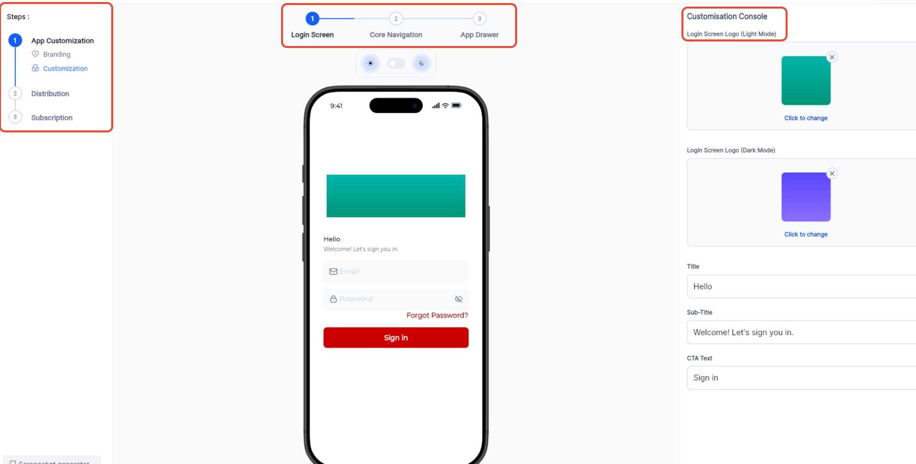 Login Screen customization showing Light Mode and Dark Mode logos, title, subtitle, and CTA text